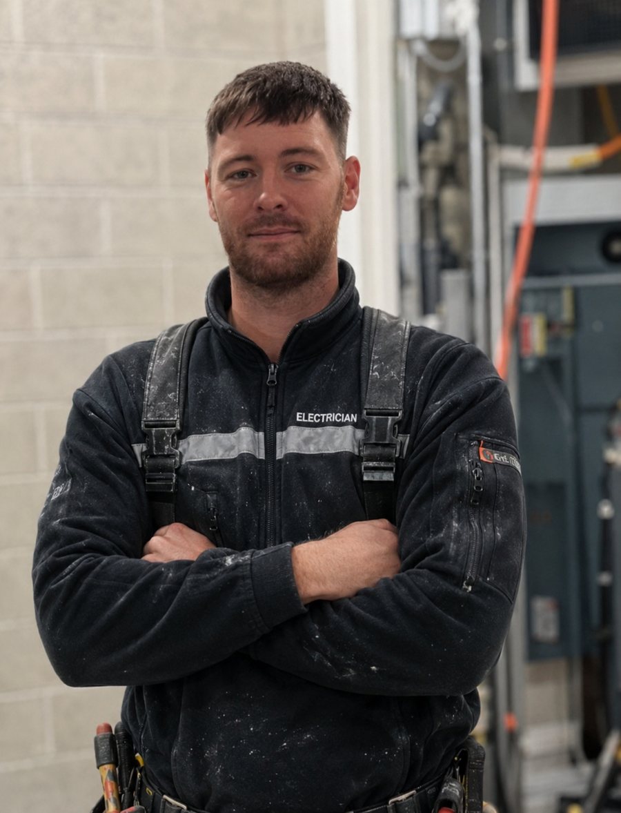 Lewis Burton, the electrician behind LB Electricals, on site in his work fleece and tool belt