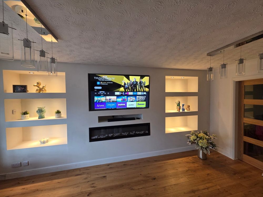 The finished media wall LB Electricals built for Steve Grace