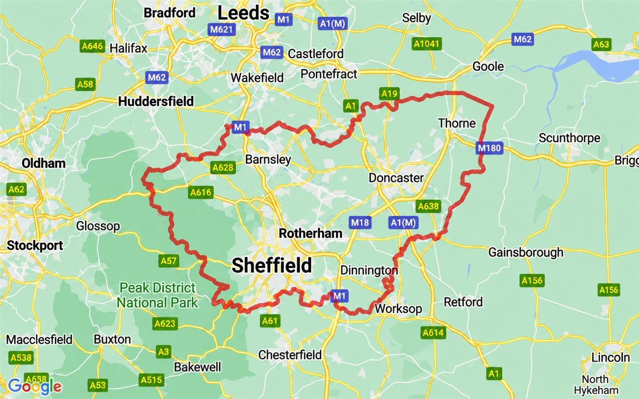 Map of South Yorkshire with the county boundary outlined, covering Sheffield, Rotherham, Barnsley and Doncaster — the area LB Electricals works in